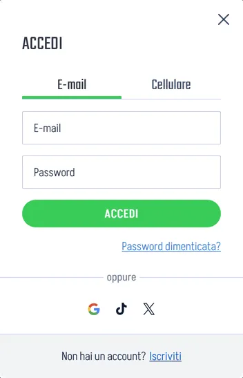 Finestra Accedi di Winnita con E-mail, Password e Password dimenticata