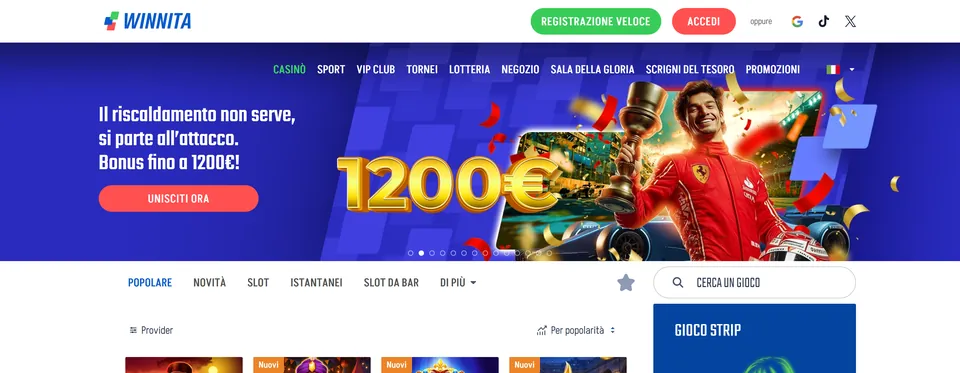 Home di Winnita su computer con i pulsanti Registrazione veloce e Accedi