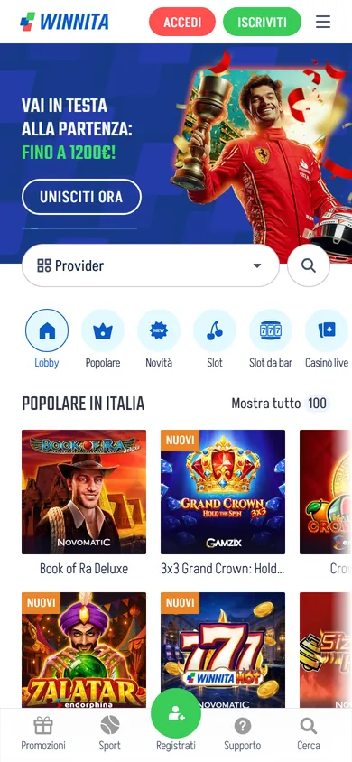 Home di Winnita su telefono con i pulsanti Accedi e Iscriviti