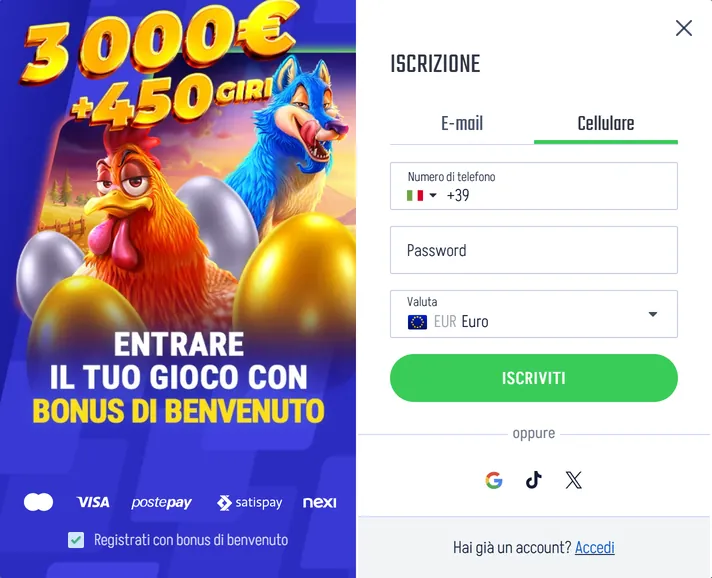 Finestra Iscrizione di Winnita, scheda Cellulare con prefisso +39